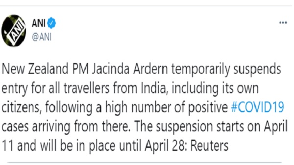  न्‍यूजीलैंड ने भारतीयों के आने पर 28 अप्रैल तक लगाई रोक