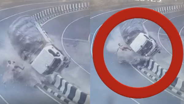 ट्रक चालक केबिन से निकलकर बाहर गिरा