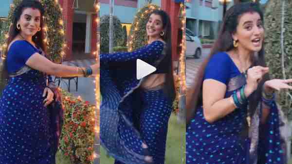 ब्लू कलर की पोल्का डॉट साड़ी में खूबसूरत लग रही हैं अक्षरा सिंह