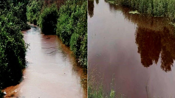 गुजरात में बह रही लाल जलधारा वाली नदी