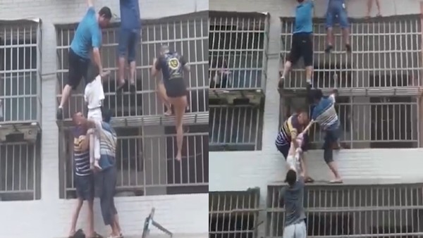 ग्रिल पर चढ़कर मानव चेन बनाकर बचाई दो जिंदगियां