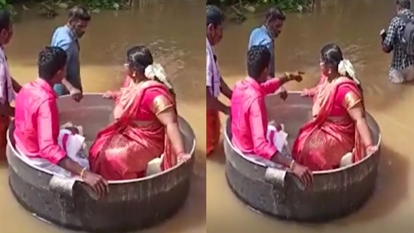 पतीले में बैठकर मंडप तक वर-वधू