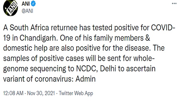 चंडीगढ़ में दक्षिण अफ्रीका से लौटा शख्स मिला कोरोना पॉजिटिव