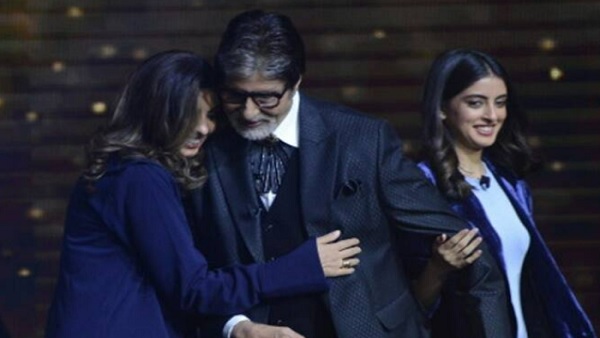 नीले रंग के कपड़ों में अमिताभ, श्वेता और नव्या