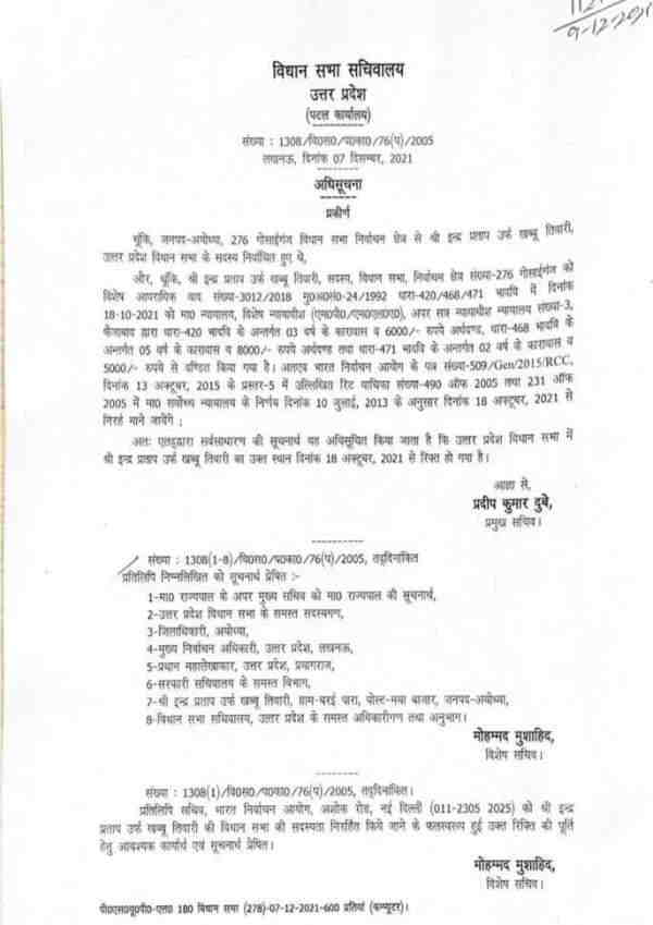 Up Assembly membership of BJP MLA Indra Pratap Tiwari canceled