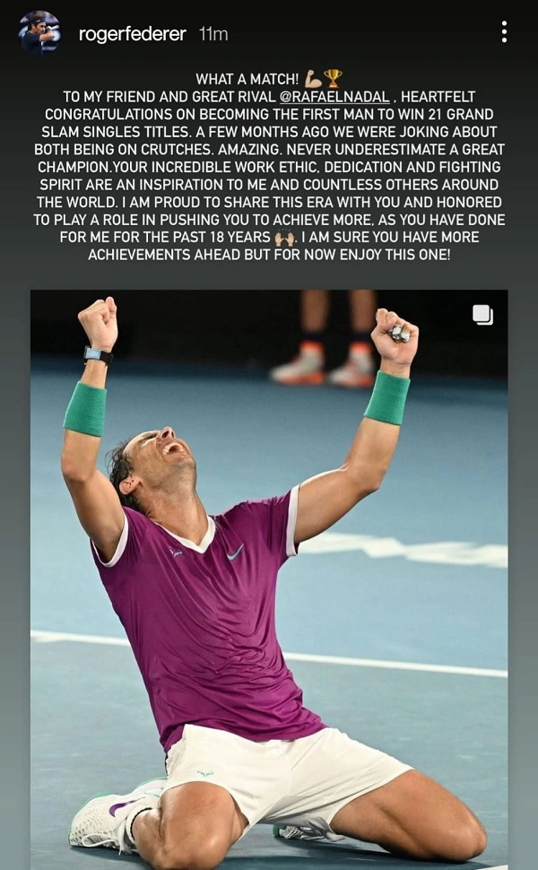 रोजर फेडरर की बधाई ऐसी रही-