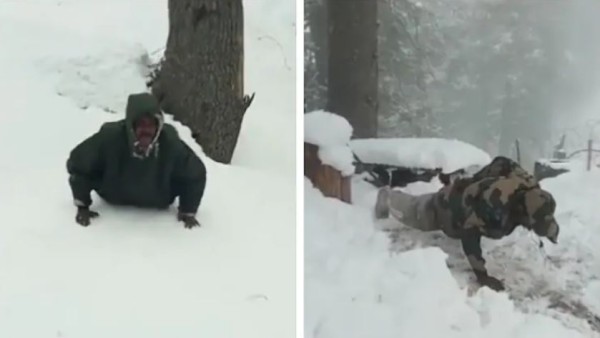  एक हाथ से पुश-अप लगाता दिखा जवान