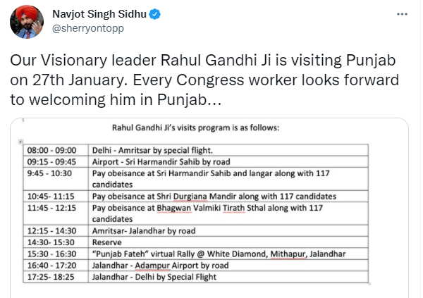 Rahul Gandhi to visit Punjab on 27th January, says Punjab Congress Chief Navjot Singh Sidhu.