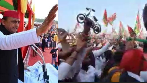Akhilesh Yadav rally, uncontrolled crowd broke barricades and chairs Akhilesh Yadav rally, uncontrolled crowd broke barricades and chairs