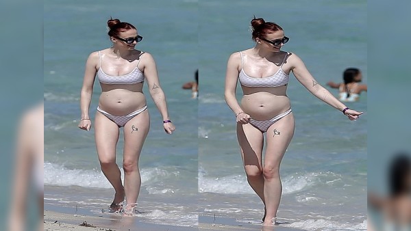 बीच पर बिकनी में साफ दिखा बेबी बंप