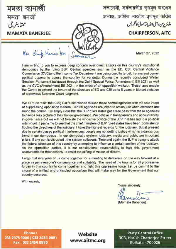 TMC chief Mamata Banerjee writes to all Oppn leaders & CMs against BJP govt, see the letter
