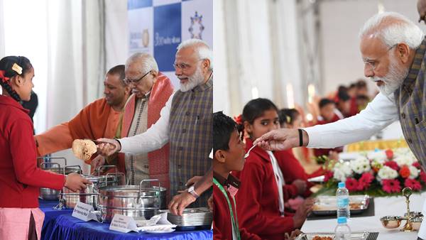 वृंदावन में बच्चों को पीएम मोदी ने परोसा खाना