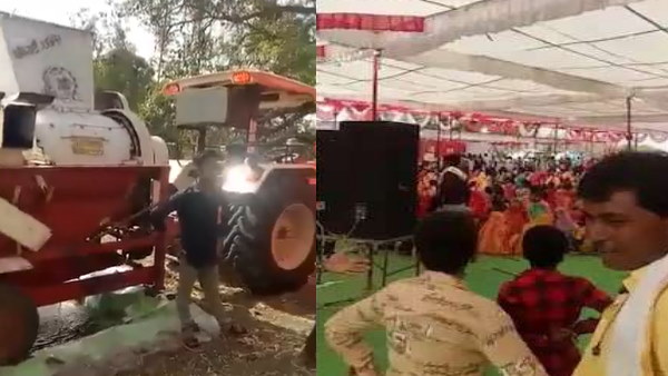 पांडाल में चला दी थ्रेशर मशीन