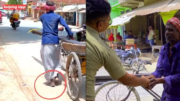 नंगे पांव ठेला खींच रहे मजदूर को पुलिसकर्मी ने गिफ्ट की नई चप्पलें