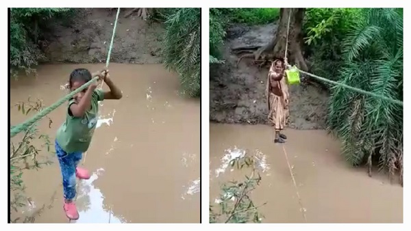 गुना में रस्‍सी पर झूलती पूजा स्‍कूल जा रही है