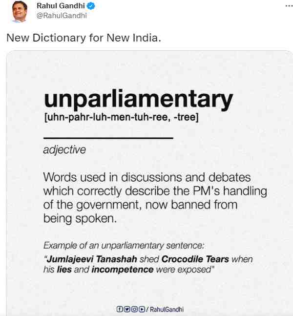 congress leader Rahul Gandhi’s tweet on unparliamentary words in Parliament 