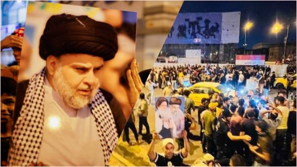 प्रदर्शनकारियों ने शिया नेता अल-सदर की तस्वीरें भी ले रखी थी