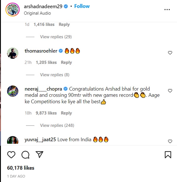 Neeraj Chopra congratulates on Arshad Nadeen on his latest gold winning video Neeraj Chopra congratulates on Arshad Nadeen on his latest gold winning video