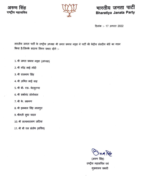 बीजेपी के नए संसदीय बोर्ड के सदस्य