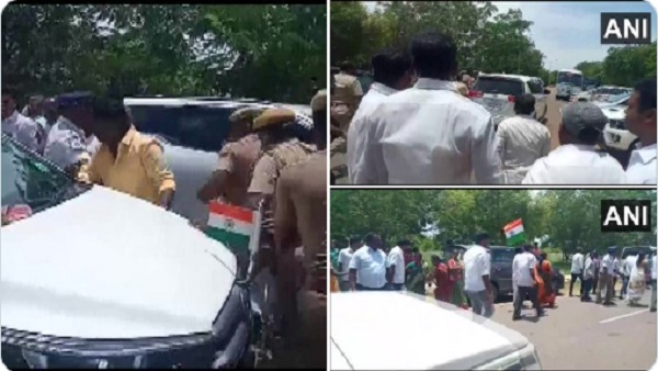 मंत्री पलानीवेल त्यागराजन की कार पर फेंकी चप्पल मंत्री पलानीवेल त्यागराजन की कार पर फेंकी चप्पल