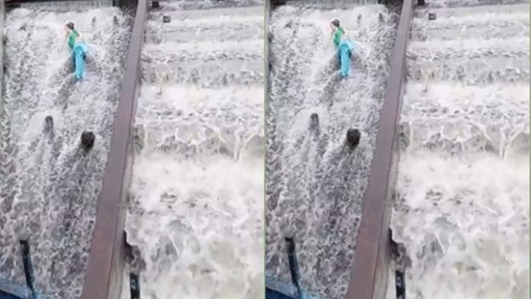 बारिश से ओवर फ्लो हुए तालाब का नजारा 