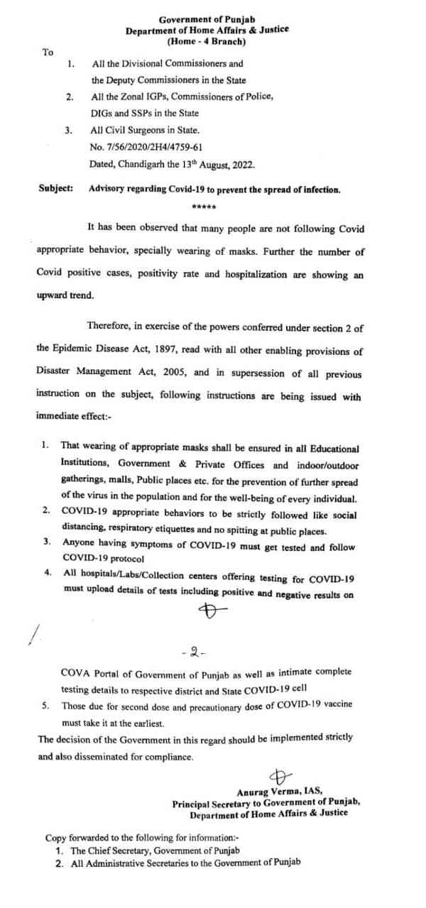 Punjab COVID 19: govt issues advisory to wearing of masks