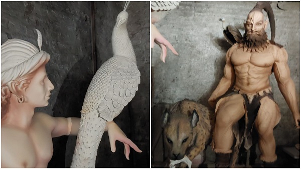 भगवान के गणों को मयूर और गिद्ध के साथ दिखाया गया