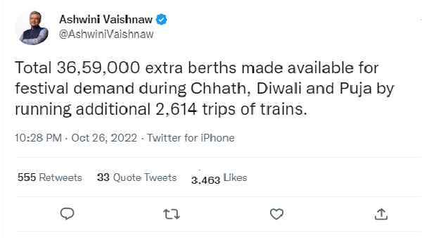 त्योहारी मौसम में कुल 36,59,000 एक्स्ट्रा बर्थ का इंतजाम-रेल मंत्री
