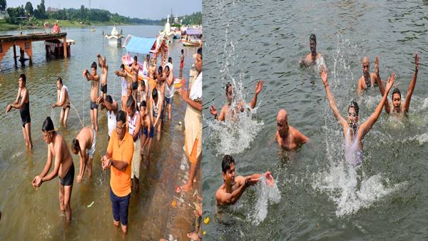 पवित्र नर्मदा में लगाई डुबकी, किया दान-पुण्य पवित्र नर्मदा में लगाई डुबकी, किया दान-पुण्य