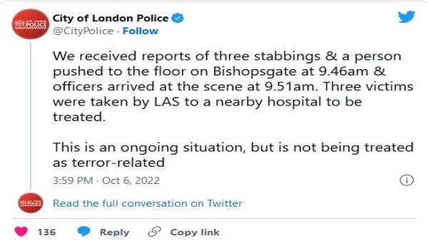 लंदन में चाकूबाजी, तीन घायल
