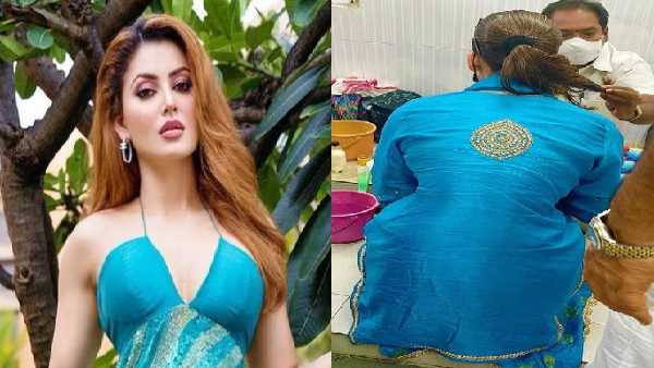 जमीन पर बैठकर उर्वशी ने कटवाए बाल