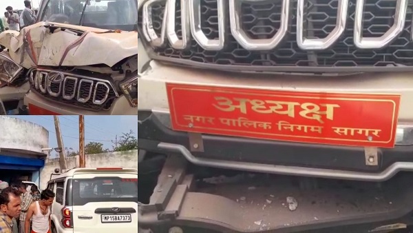 निगमाध्यक्ष सागर लिखी कार खंभे से भिड़ी निगमाध्यक्ष सागर लिखी कार खंभे से भिड़ी