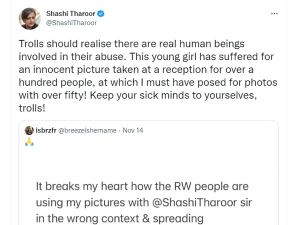 congress mp Shashi Tharoor hits out at trolls over online abuse of a woman