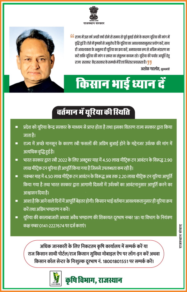 यूरिया की कमी के लिए भारत सरकार जिम्‍मेदार-सीएम गहलोत