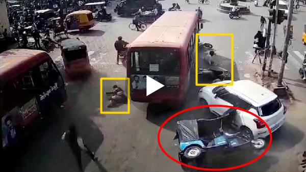 अनियंत्रित बस की टक्कर की चपेट में आए कई वाहन 