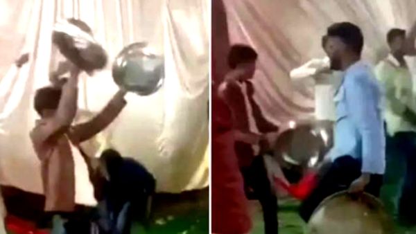 बर्तन उठाकर डांस कर रहे बाराती