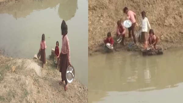 uttar pradesh news sonbhadra government school video viral minors washing plates on lakeside 