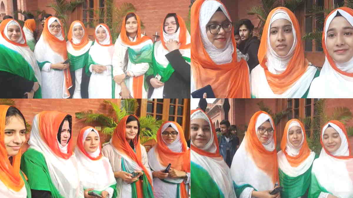 Aligarh Muslim University girl students wearing indian tricolour flag as hijab Aligarh Muslim University girl students wearing indian tricolour flag as hijab