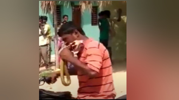 बाइक पर बैठे हुए हाथ में पकड़ा हुआ सांप खाने लगा ये शख्‍स 