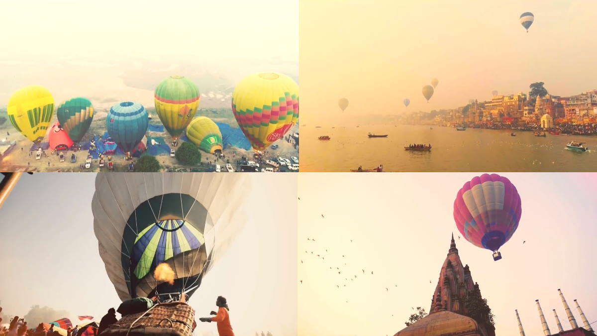 Boat race on 3 kilometer long track in Ganga river 10 hot air balloons in air varanasi banaras kashi Boat race on 3 kilometer long track in Ganga river 10 hot air balloons in air varanasi banaras kashi