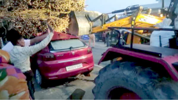 Badaun Baleno car rammed into sugarcane trolley from behind 4 including pregnant woman died