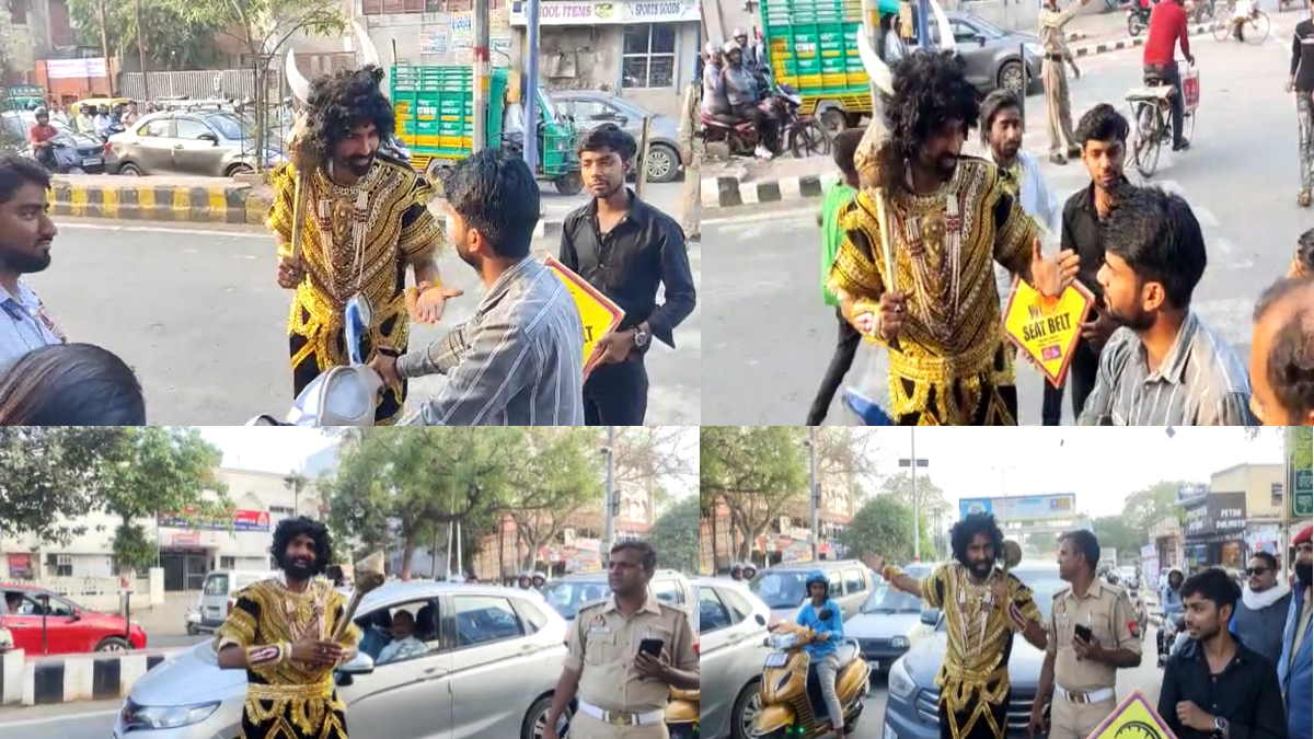 Agra Artist in Yamraj costume prank on those who are not following traffic rules Agra Artist in Yamraj costume prank on those who are not following traffic rules
