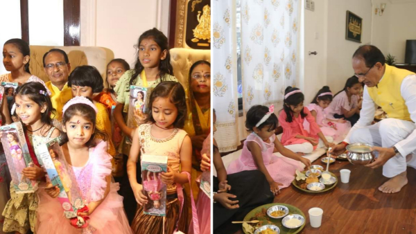 सीएम शिवराज ने छोटी-छोटी कन्याओं को अपने निवास पर परोसा भोजन 