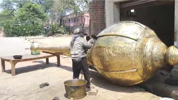 Hathras 800 kg ashtadhatu golden gadaa installed outside Madhya Pradesh Khedapati Hanuman temple