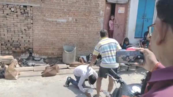 UP nikay chunav 2023 Lalitpur candidate touching feet of voters appealing for vote video went viral 