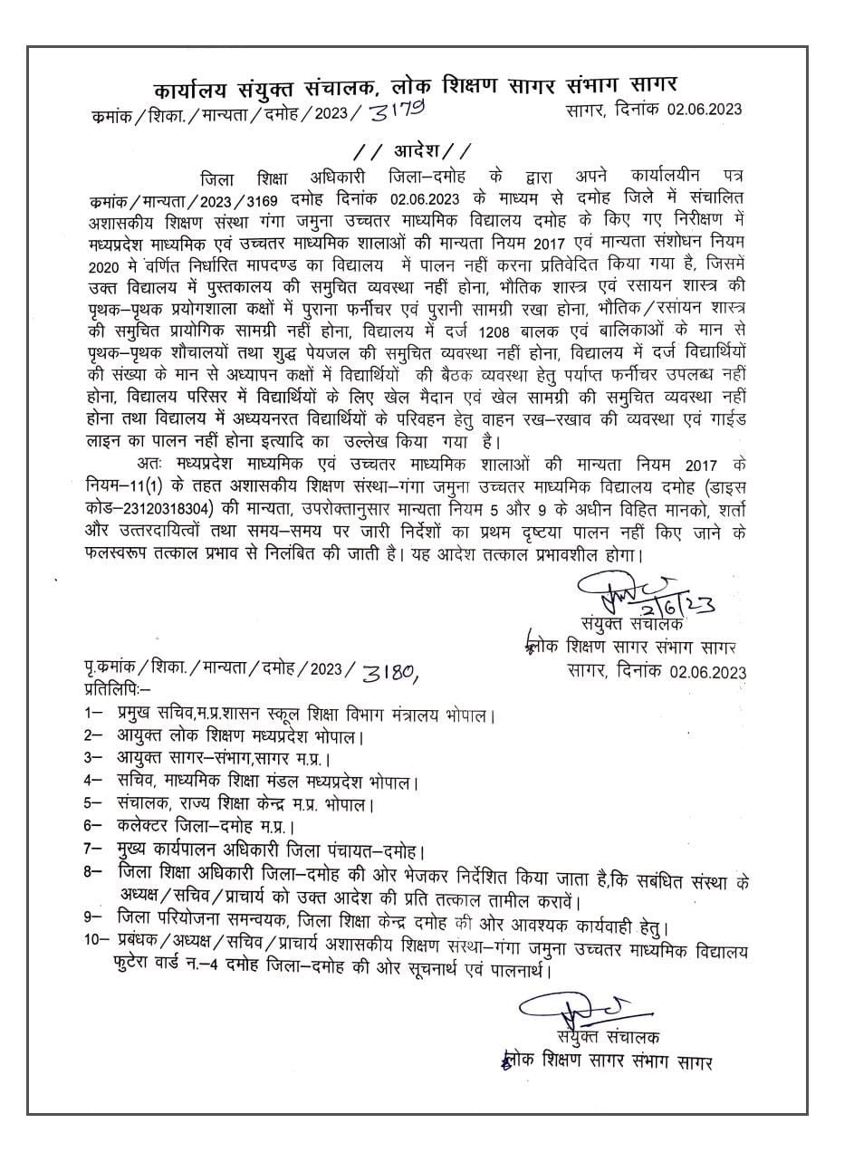 Damoh hijab case Ganga Jamuna schools recognition canceled