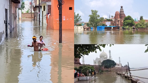 PHOTOS of flood in agra and mathura Yamuna water reaches Taj Mahal doors of temples closed 