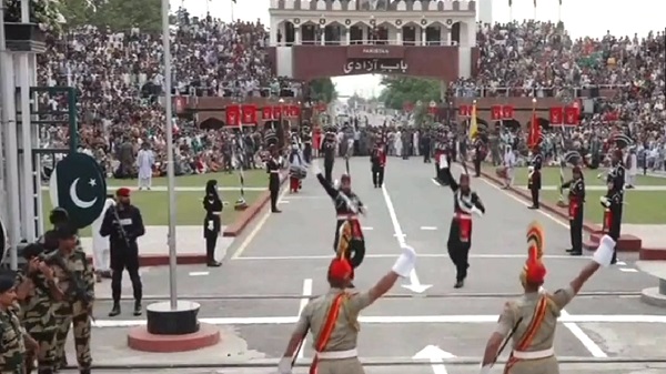 The beating retreat ceremony underway at the Attari-Wagah border in Punjabs Amritsar on the occasion of Independence Day