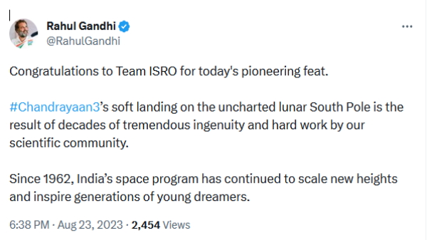 Rahul Gandhi congratulated ISRO on the success of Chandrayaan-3, Congress reminded Pt. Nehru Rahul Gandhi congratulated ISRO on the success of Chandrayaan-3, Congress reminded Pt. Nehru