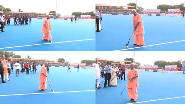 CM Yogi took hockey and palyed a shot whole stadium echoed with slogans of Yogi Yogi Video